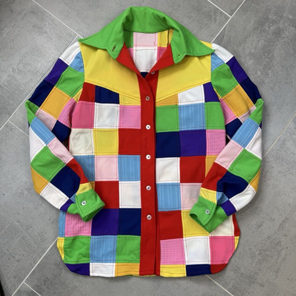 Vintage 70’s Handmade Patchwork Double Knit Shirt Rainbow Costume